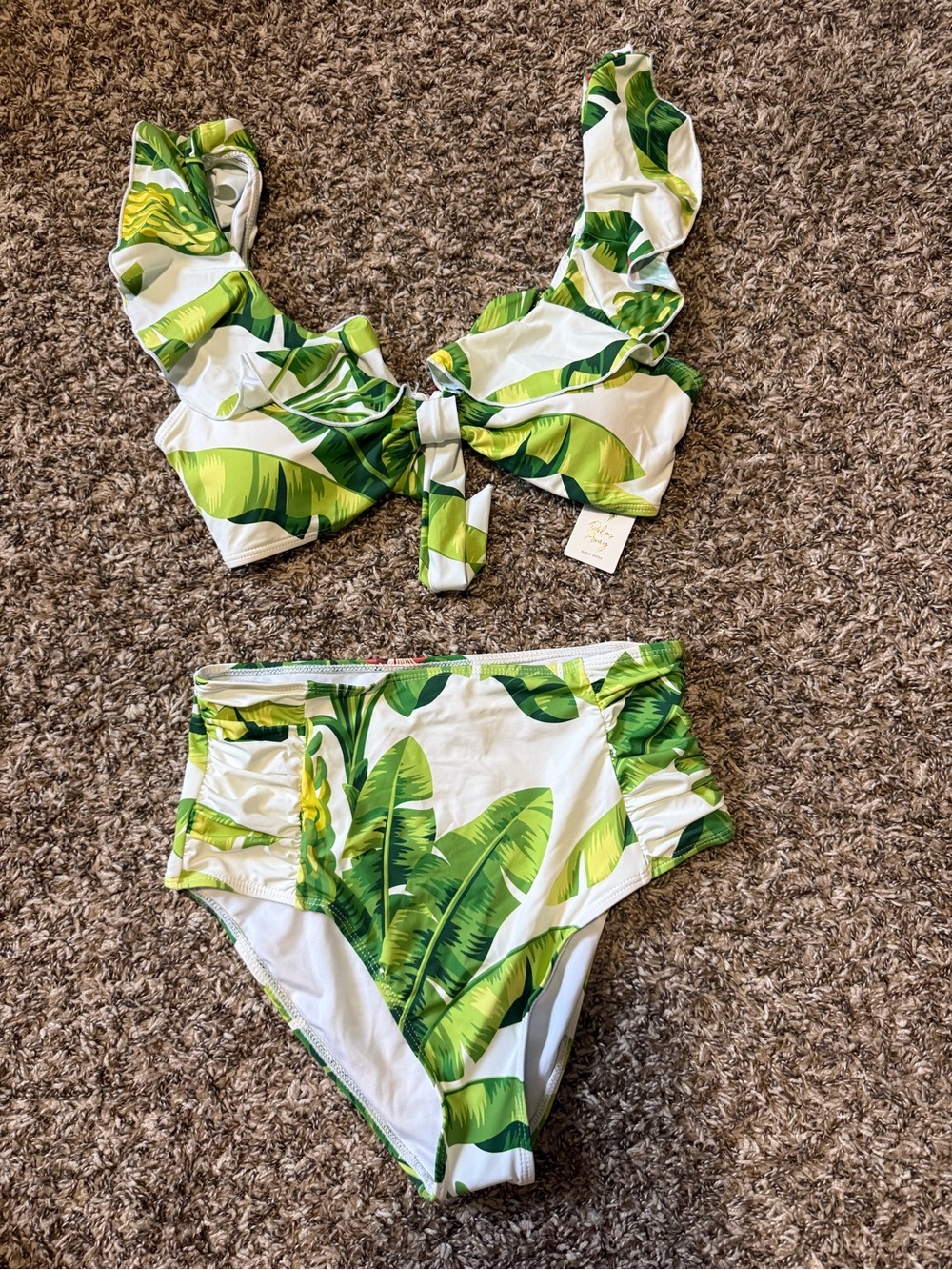 Green Leaf Print Two-Piece High-Waist Swimsuit